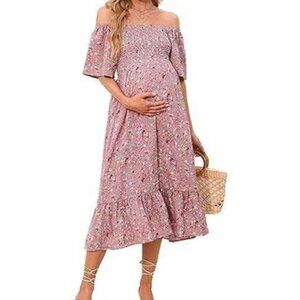 Boho Off Shoulder Midi Maternity Dress Pink Medium NWT